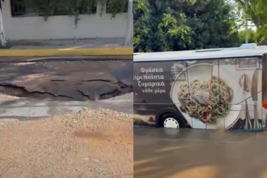 Αναστάτωση στην Αμμουδάρα – Λεωφορείο εγκλωβίστηκε σε λύματα (vid)