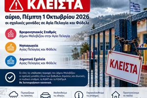 Κλειστά αύριο τα σχολεία σε Αγία Πελαγία και Φόδελε