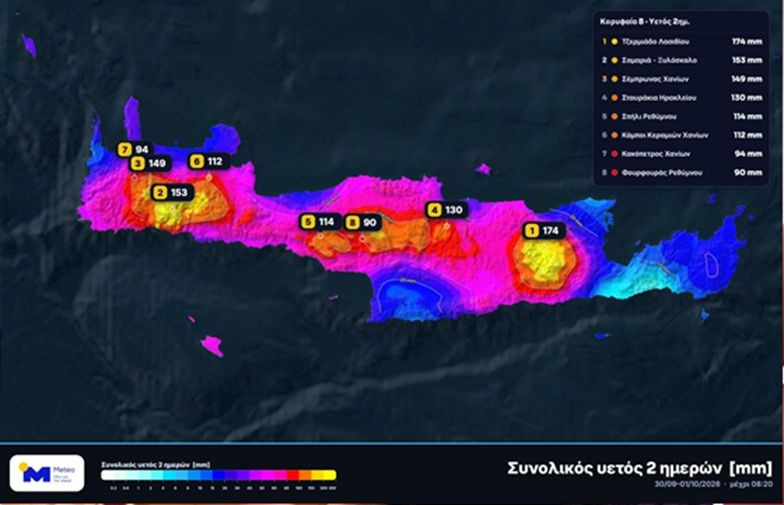 Σάρωσε την Κρήτη η κακοκαιρία: Πού έπεσαν τα μεγαλύτερα ύψη βροχής το διήμερο Τετάρτης-Πέμπτης
