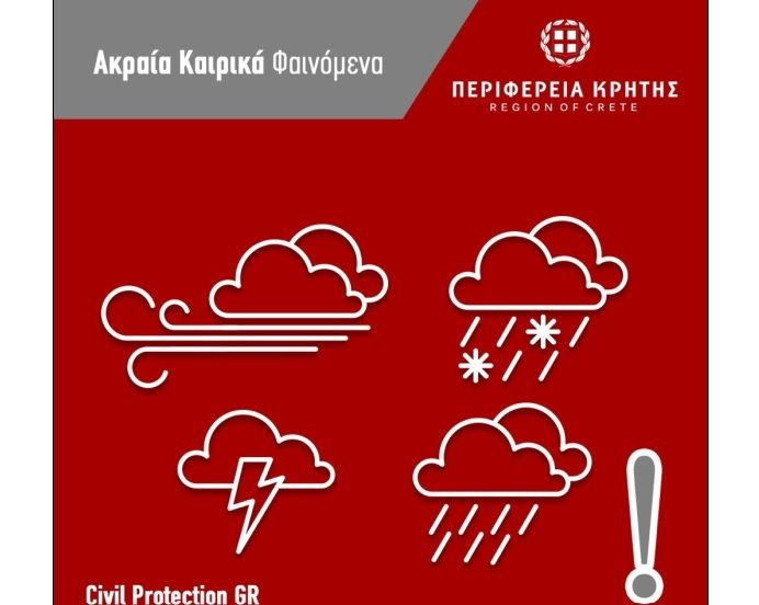 ΠΡΟΣΟΧΗ – Επικίνδυνα καιρικά φαινόμενα στην Κρήτη σήμερα και αύριο