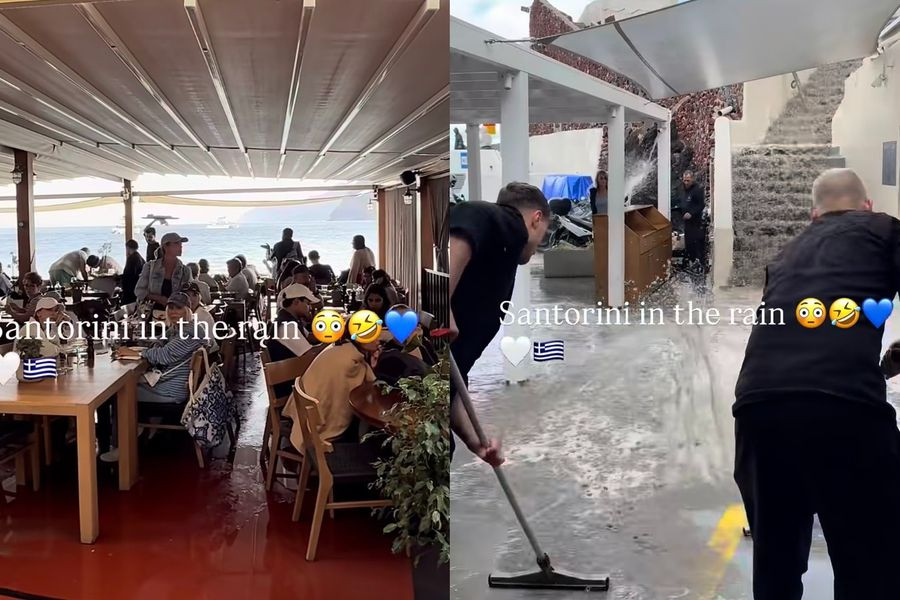 Έντονες αντιδράσεις από τη Σαντορίνη – Εργαζόμενοι έδιωχναν τα νερά με σκούπες ενώ οι τουρίστες έτρωγαν